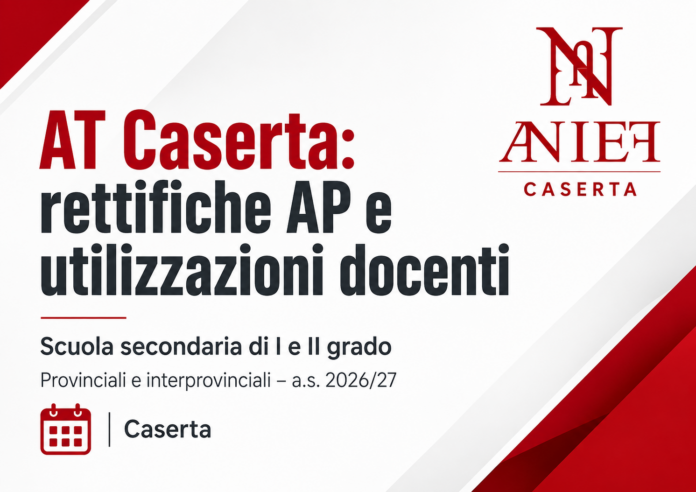 AT Caserta – RETTIFICHE ED INTEGRAZIONI alle assegnazioni provvisorie ed utilizzazioni provinciali ed interprovinciali del personale docente della Scuola Secondaria di I e II grado per la provincia di Caserta – a.s. 2026/2027 AT Caserta – RETTIFICHE ED INTEGRAZIONI alle assegnazioni provvisorie ed utilizzazioni provinciali ed interprovinciali del personale docente della Scuola Secondaria di I e II grado per la provincia di Caserta – a.s. 2026/2027