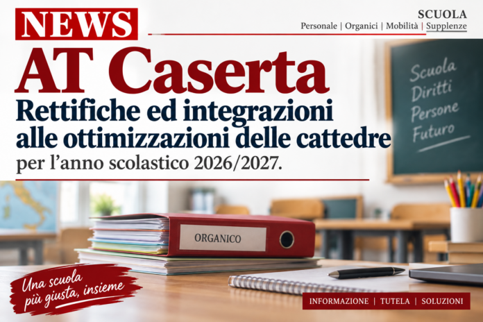 AT Caserta – Rettifiche ed integrazioni alle ottimizzazioni delle cattedre per l’anno scolastico 2026/2027. AT Caserta – Rettifiche ed integrazioni alle ottimizzazioni delle cattedre per l’anno scolastico 2026/2027.