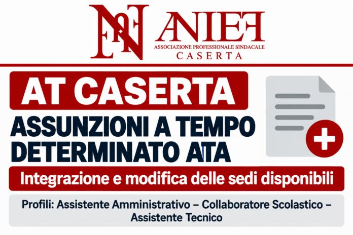 AT Caserta – Assunzioni a tempo determinato personale ATA – Integrazione e modifica elenco delle sedi disponibili – profili assistente amministrativo – collaboratore scolastico – assistente tecnico AT Caserta – Assunzioni a tempo determinato personale ATA – Integrazione e modifica elenco delle sedi disponibili – profili assistente amministrativo – collaboratore scolastico – assistente tecnico