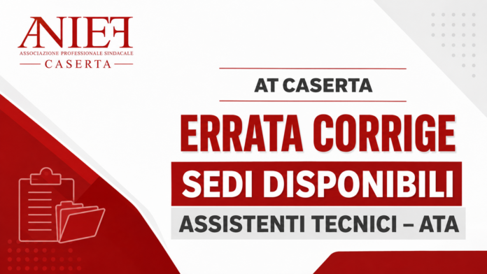 AT Caserta – ERRATA CORRIGE: Assunzioni a tempo determinato personale ATA – Integrazione e modifica elenco delle sedi disponibili – profilo assistente tecnico. AT Caserta – ERRATA CORRIGE: Assunzioni a tempo determinato personale ATA – Integrazione e modifica elenco delle sedi disponibili – profilo assistente tecnico.