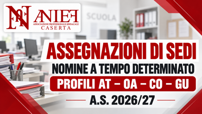 AT Caserta – Assegnazioni di sedi per nomine a tempo determinato profili AT – OA – CO – GU a.s. 2026/27 AT Caserta – Assegnazioni di sedi per nomine a tempo determinato profili AT – OA – CO – GU a.s. 2026/27