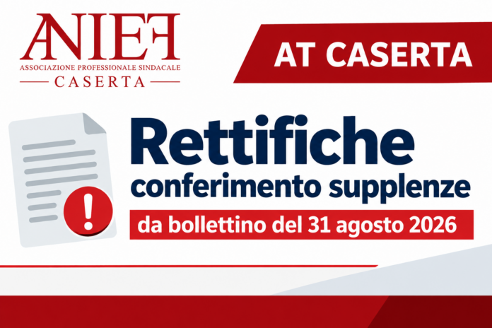 AT Caserta – Rettifiche alle operazioni di conferimento delle supplenze disposte con il bollettino pubblicato con provvedimento prot. n. 23090 del 31/08/2026 AT Caserta – Rettifiche alle operazioni di conferimento delle supplenze disposte con il bollettino pubblicato con provvedimento prot. n. 23090 del 31/08/2026