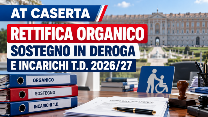 AT Caserta – Rettifica, limitatamente all’anno scolastico 2026/27, delle dotazioni organiche di sostegno in deroga e contestualmente degli incarichi a tempo determinato. AT Caserta – Rettifica, limitatamente all’anno scolastico 2026/27, delle dotazioni organiche di sostegno in deroga e contestualmente degli incarichi a tempo determinato.
